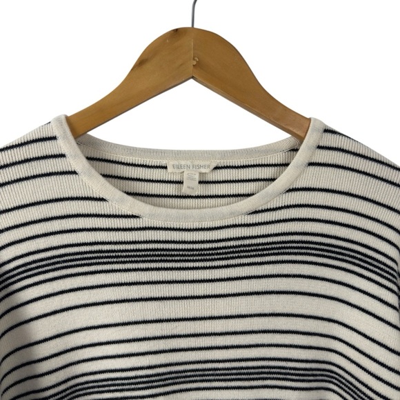 Eileen Fisher Boxy Fit Oversized 100% Organic Cotton Striped Sweater Ivory Black - Picture 3 of 16